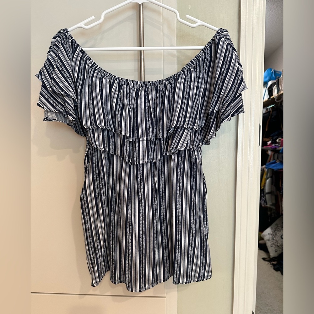 Absolutely Famous Navy & White Off the Shoulder Top